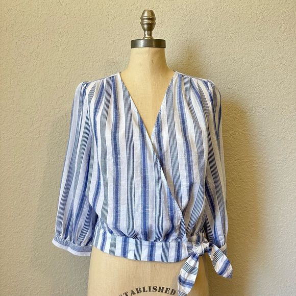 EVERLY Long Sleeve Blue Striped Wrap Top - Picture 1 of 8